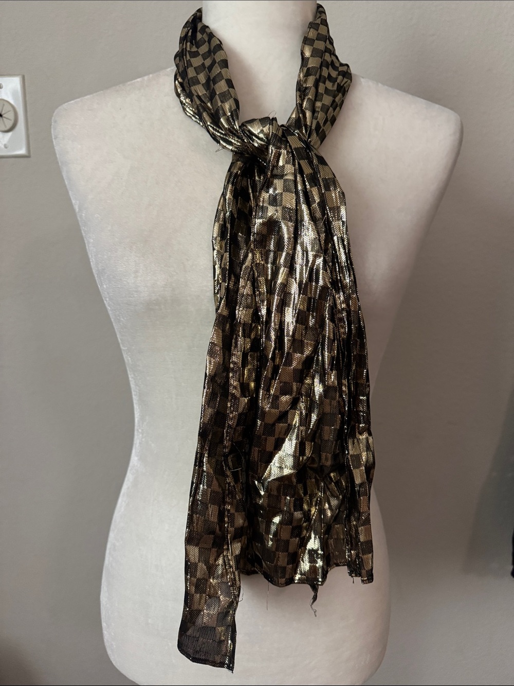 Vintage Metallic Black and Gold Checkered Women's Scarf - Unbranded